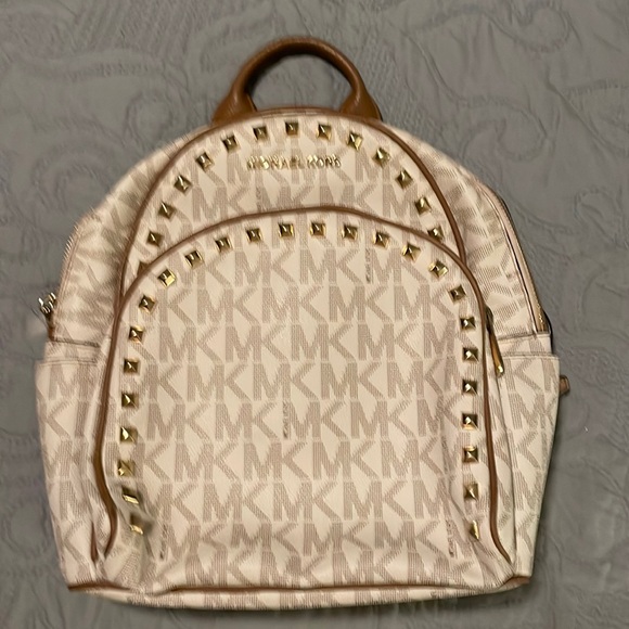 Michael Kors Small Cream, Light Brown Logo Studded Purse Backpack - Picture 1 of 13